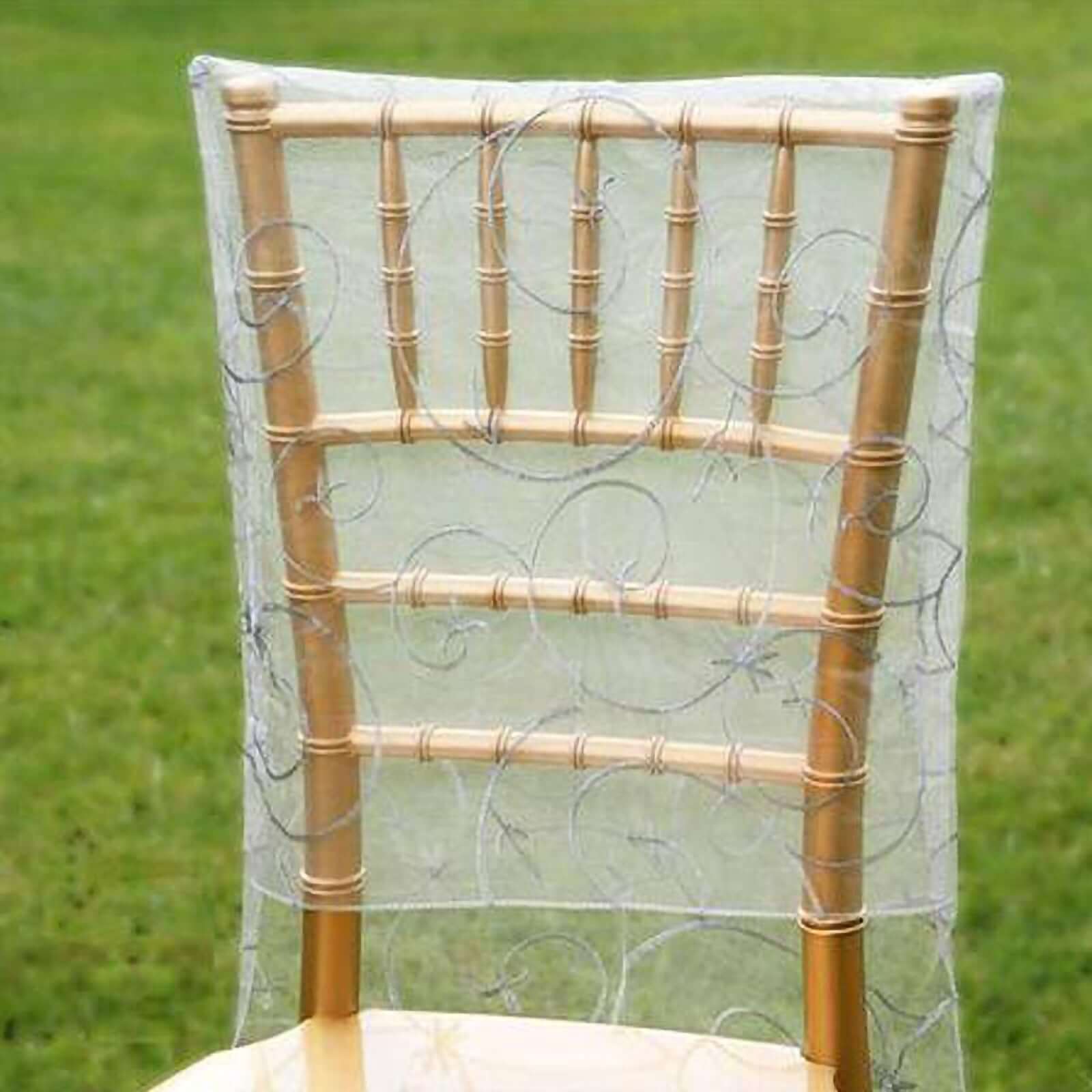 Organza Chair Slipcover with Satin Embroidery for Chiavari Chairs Silver - Chair Back Cover - Linen Luxes