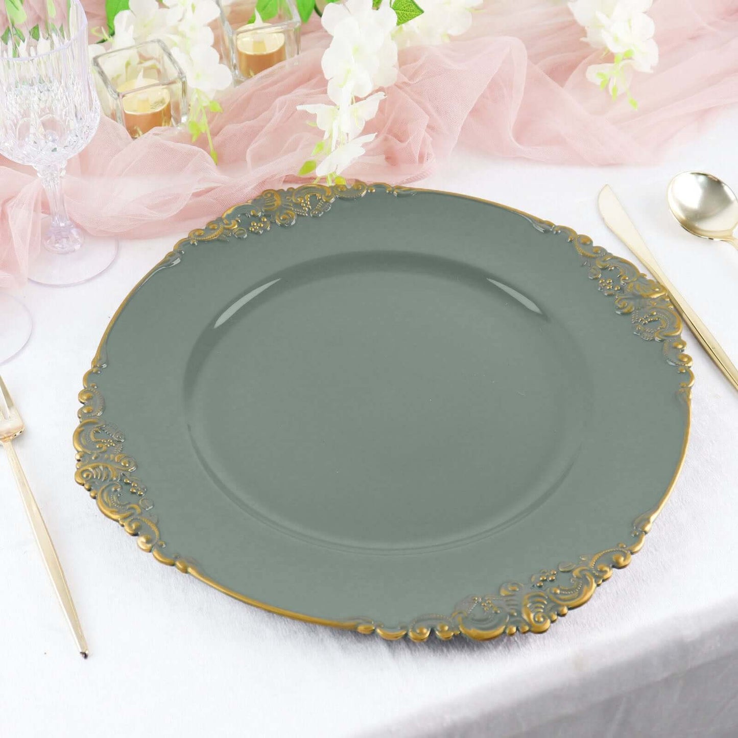 6-Pack Acrylic Round Charger Plates 13" in Olive Green with Gold Embossed Baroque Rim, Antique Decorative Dinner Party Charger Tableware