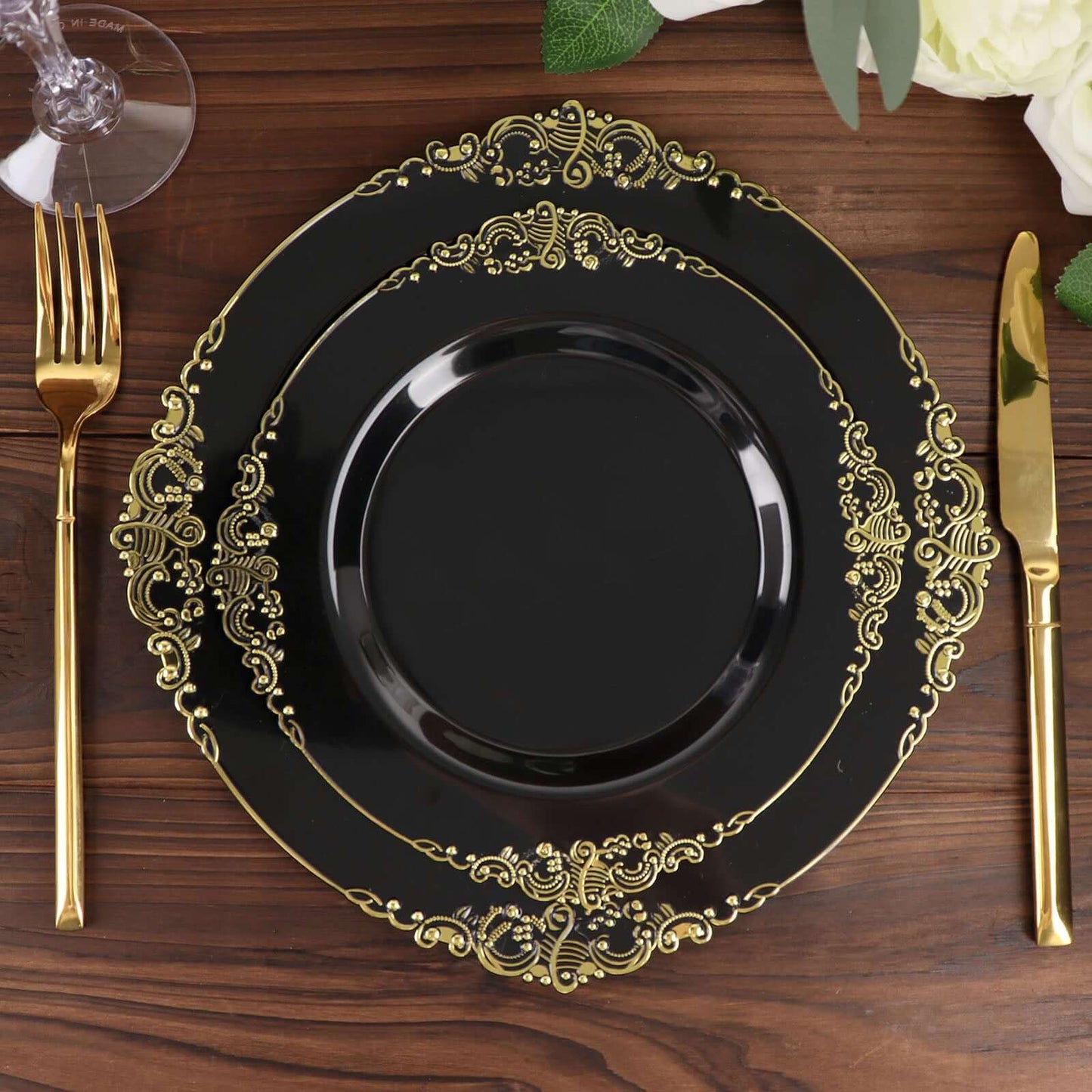 10-Pack Plastic 8" Round Dessert Plates in Black with Gold Leaf Embossed Rim - Disposable Vintage Baroque Style Salad Plates
