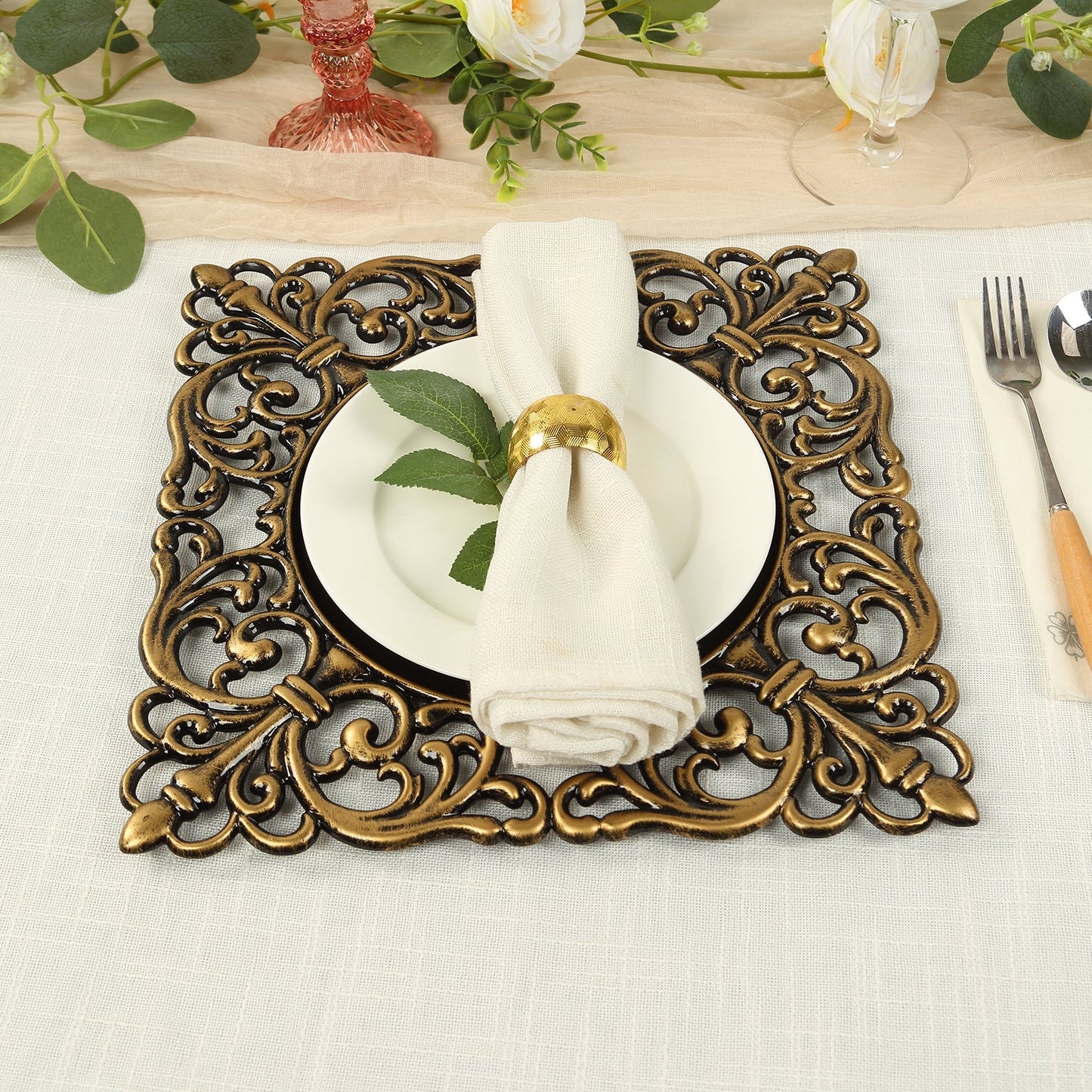 6-Pack Acrylic Square Charger Plates 12" in Black with Antique Gold Hollow Lace Border, Event Tabletop Decorative Charger Tableware
