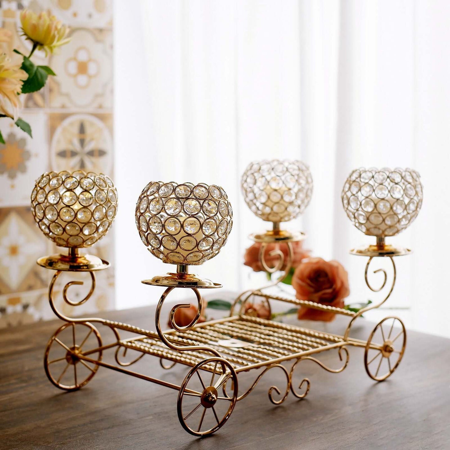 Candle Holder 4-Arm Gold Metal Crystal Cinderella Carriage Wedding Centerpiece - Decorative Display 18"