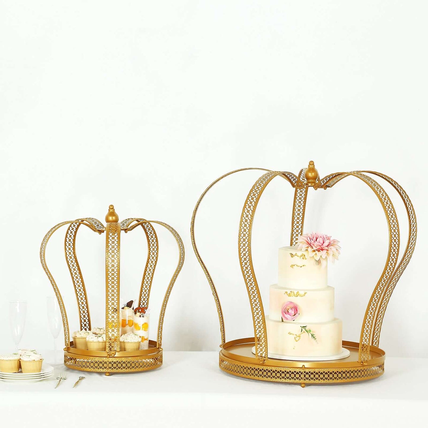 Metal Wedding Cake Stand 26" Gold Princess Crown Style - Exquisite Cupcake Display Holder Centerpiece for Fairy Tale Weddings & Chic Dessert Presentations