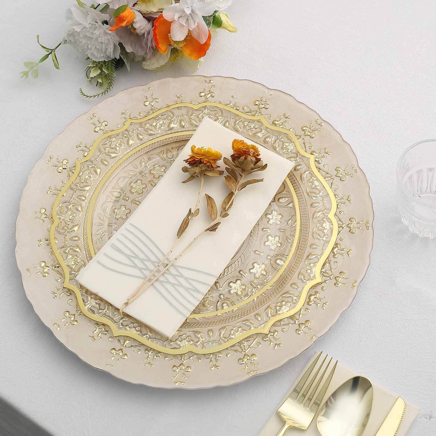 8-Pack Glass Round Charger Plates 13" in Gold with Monaco Style Ornate Design, Classy Decorative Dinner Chargers
