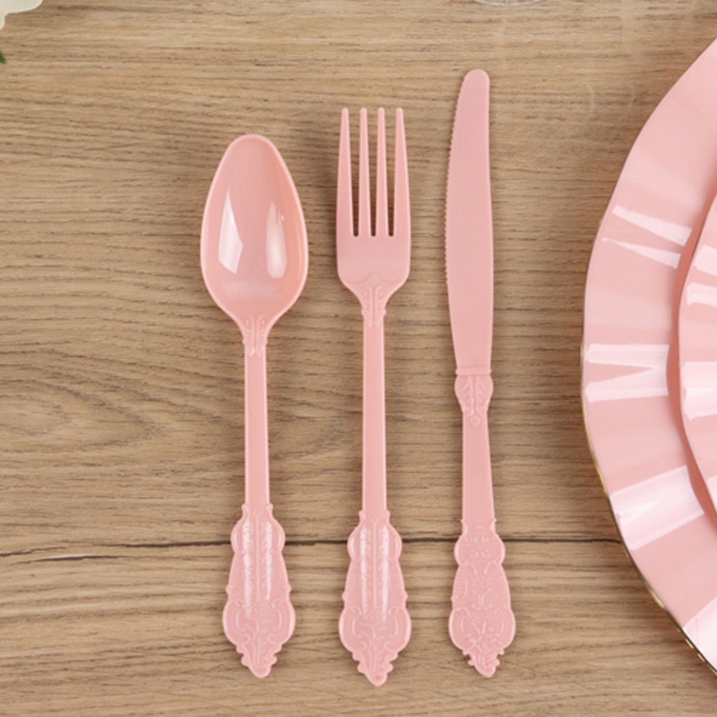 72 Pcs Plastic Silverware Set in Baroque Style Dusty Rose - Heavy Duty Disposable Knife, Fork, and Spoon Set