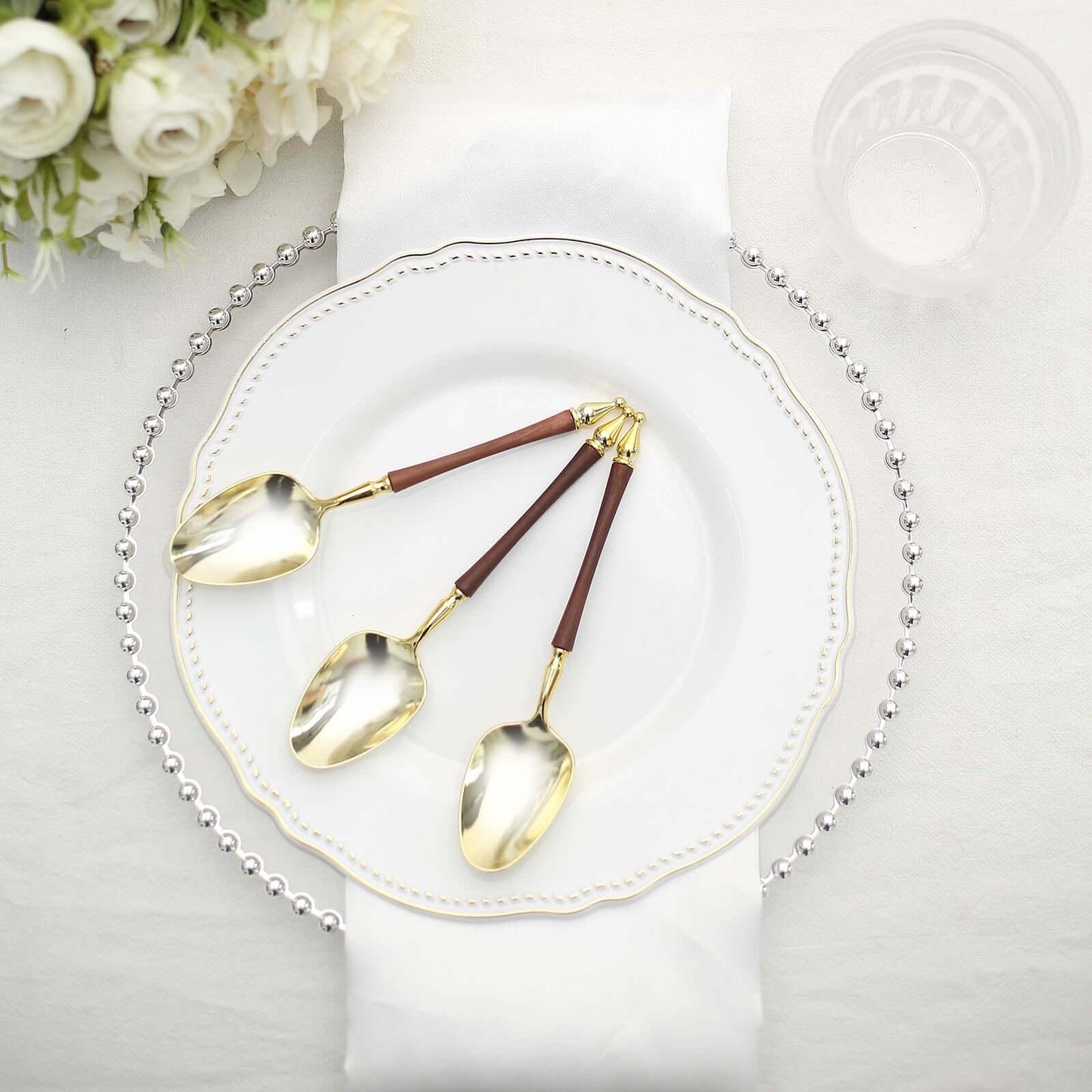 24-Pack Plastic Dessert Spoons with Roman Column Handle Gold/Brown - European Style Disposable Utensils 6"