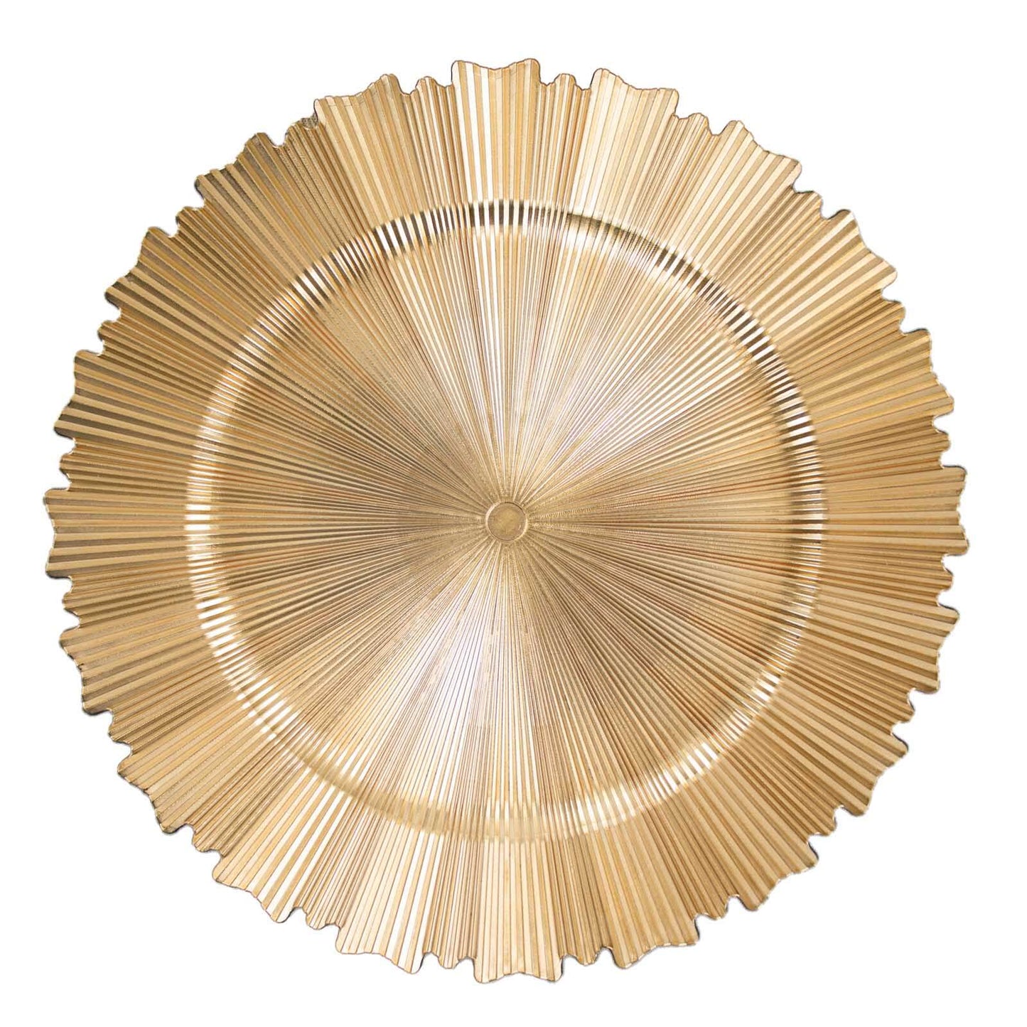 6-Pack Acrylic Plastic Round Charger Plates 13" in Metallic Gold with Sunray Scalloped Rim, Decorative Dinner Party Charger Tableware