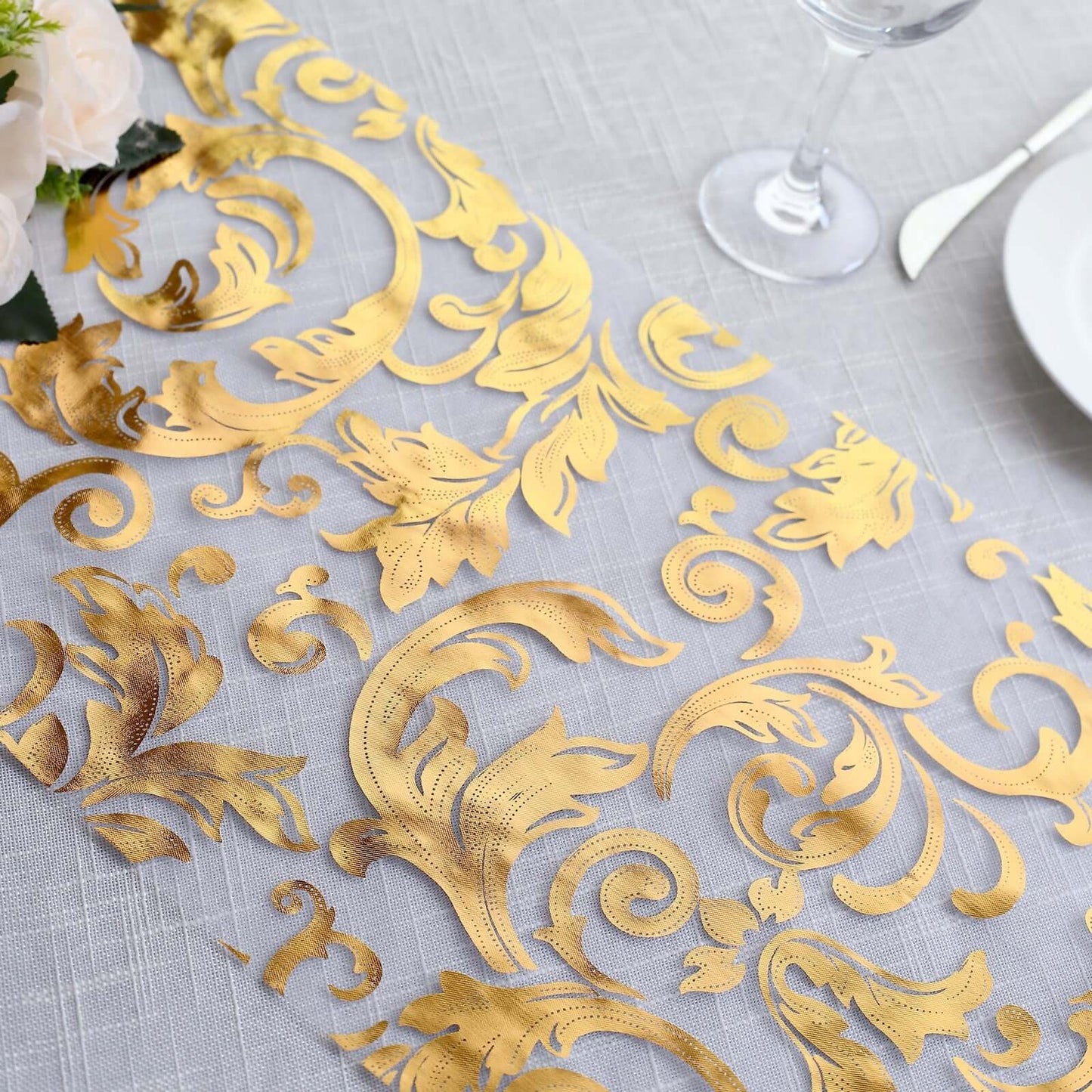 Sheer Organza 12"x108" Table Runner Roll Metallic Gold Foil Floral Swirl Design - Disposable Stylish Event Decoration