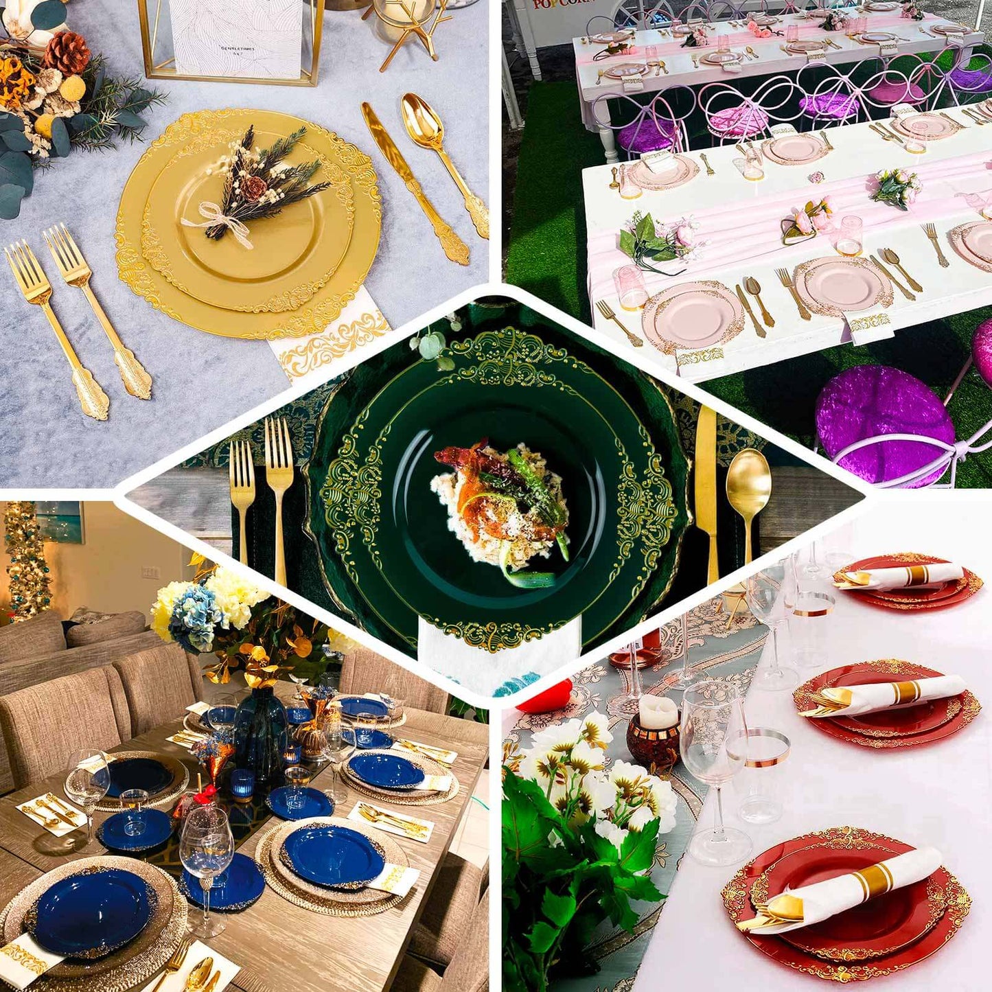 10-Pack Plastic 10" Round Dinner Plates in Dusty Rose with Gold Leaf Embossed Rim - Disposable Vintage Baroque Style Plates