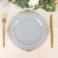10-Pack Plastic 10" Round Dinner Plates in Gray with Gold Leaf Embossed Rim - Disposable Vintage Baroque Style Plates