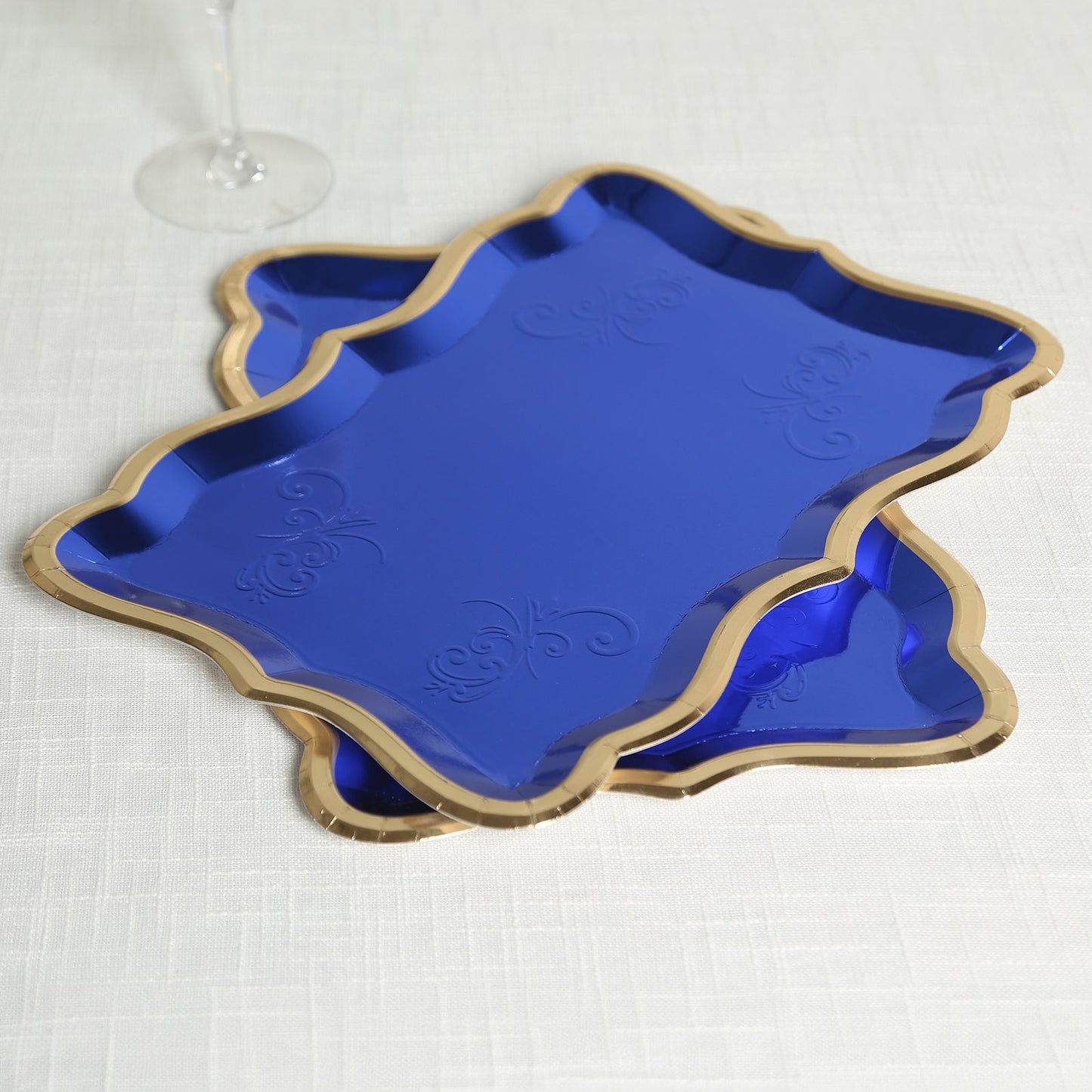 10-Pack Paper 14"x10" Rectangle Serving Trays Royal Blue - Heavy Duty Disposable 400GSM Cardboard Party Platters with Exquisite Gold Rim for Weddings & Parties