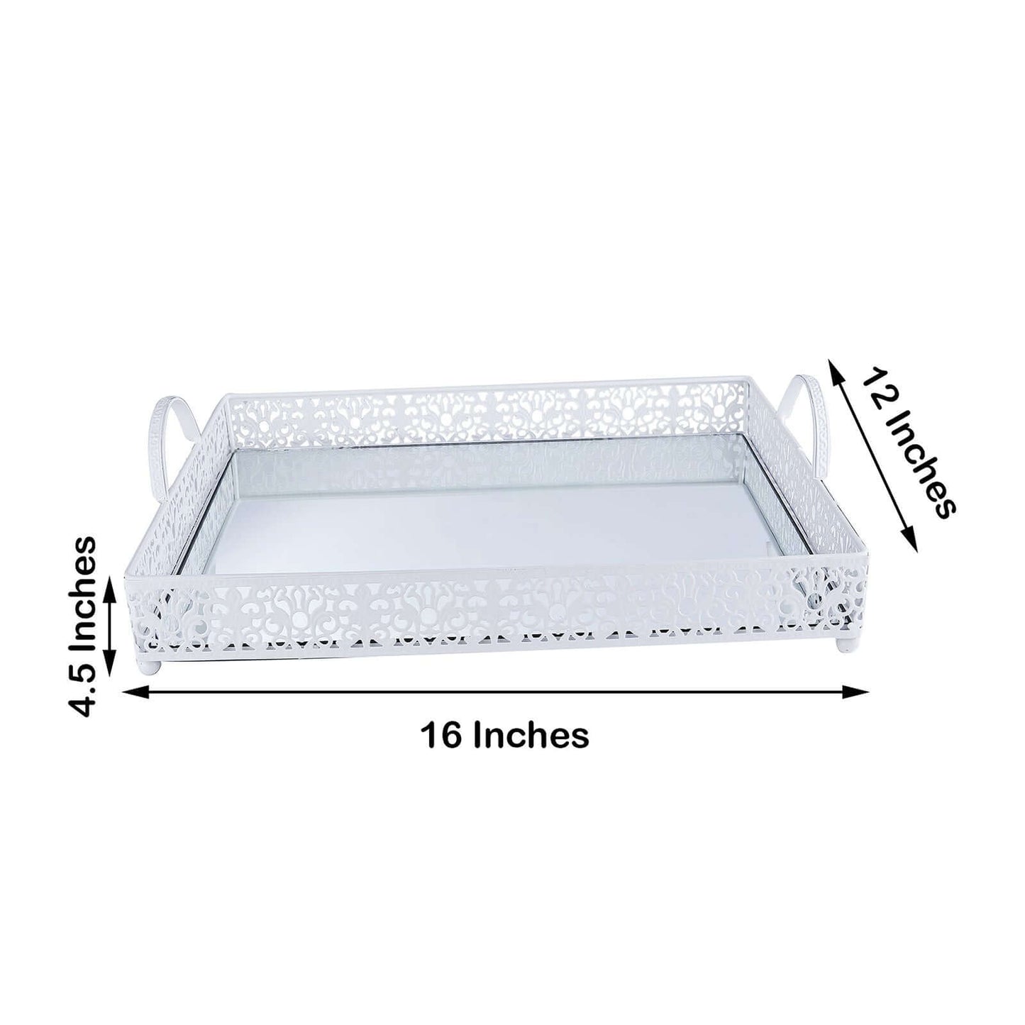 Metal Mirrored Rectangle Serving Tray 16"x12" in White Fleur De Lis Design with Handles, French Inspired Decorative Vanity Tray Centerpiece