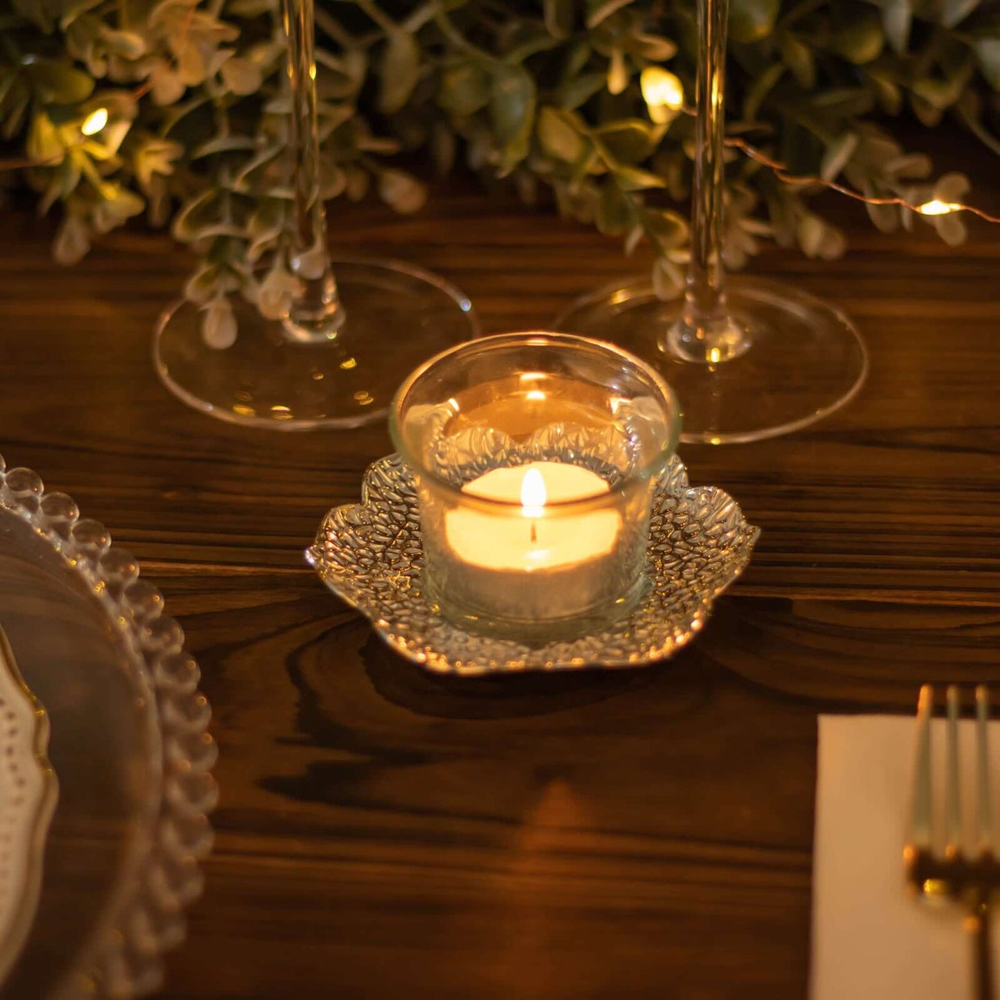 3-Pack Metal Votive Candle Holders Plum Blossom Design Shiny Silver - Vintage Mini Tea Cup Saucers 4"