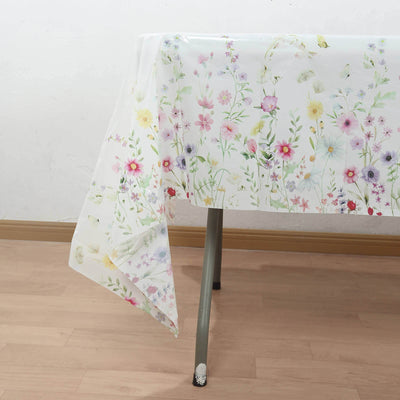 5-Pack Plastic Tablecloths White/Green Spring Floral Rectangle with Wild Flowers Butterfly Print - Durable PVC Disposable Table Covers 54"x108"