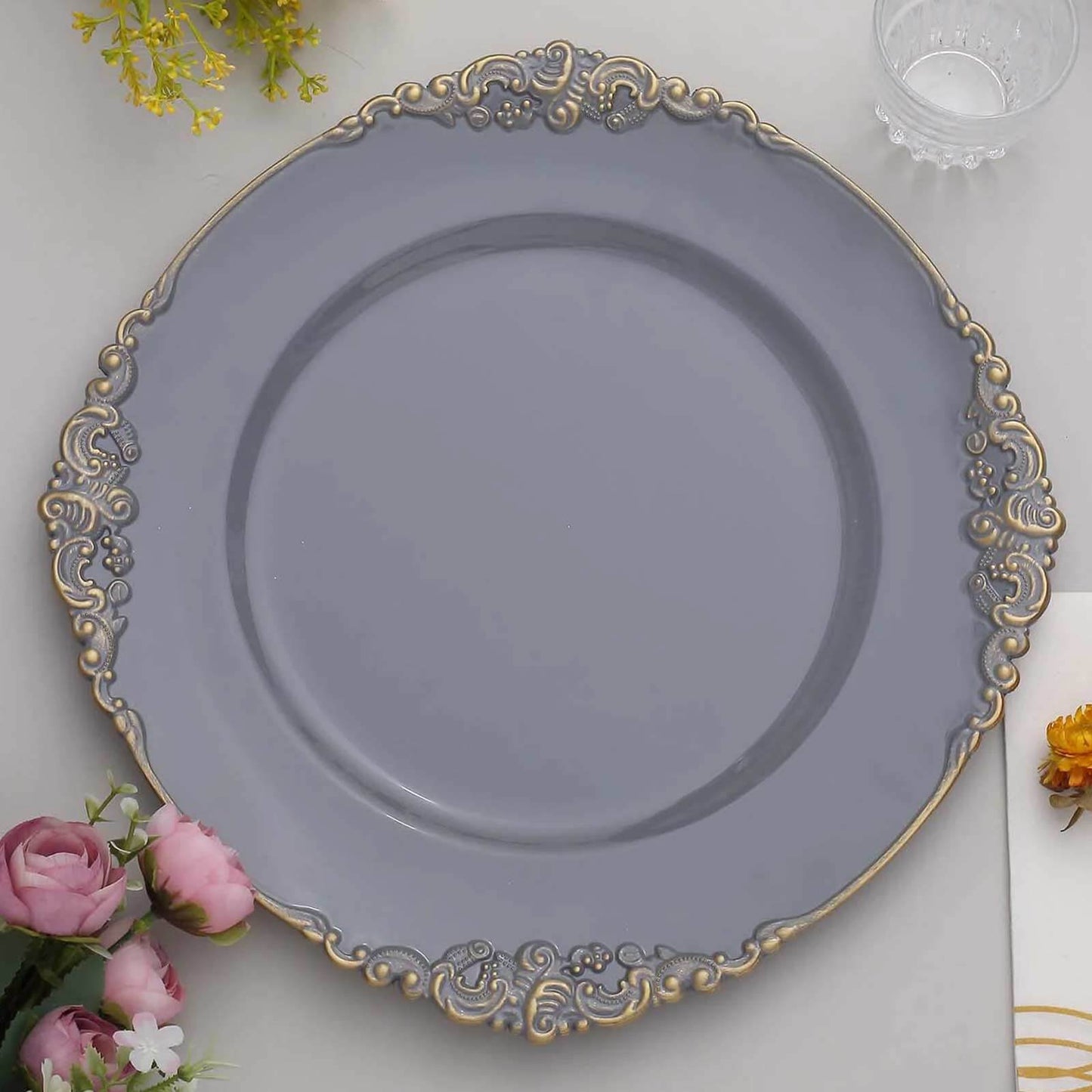 6-Pack Acrylic Round Charger Plates 13" in Charcoal Gray with Gold Embossed Baroque Rim, Antique Decorative Dinner Party Charger Tableware