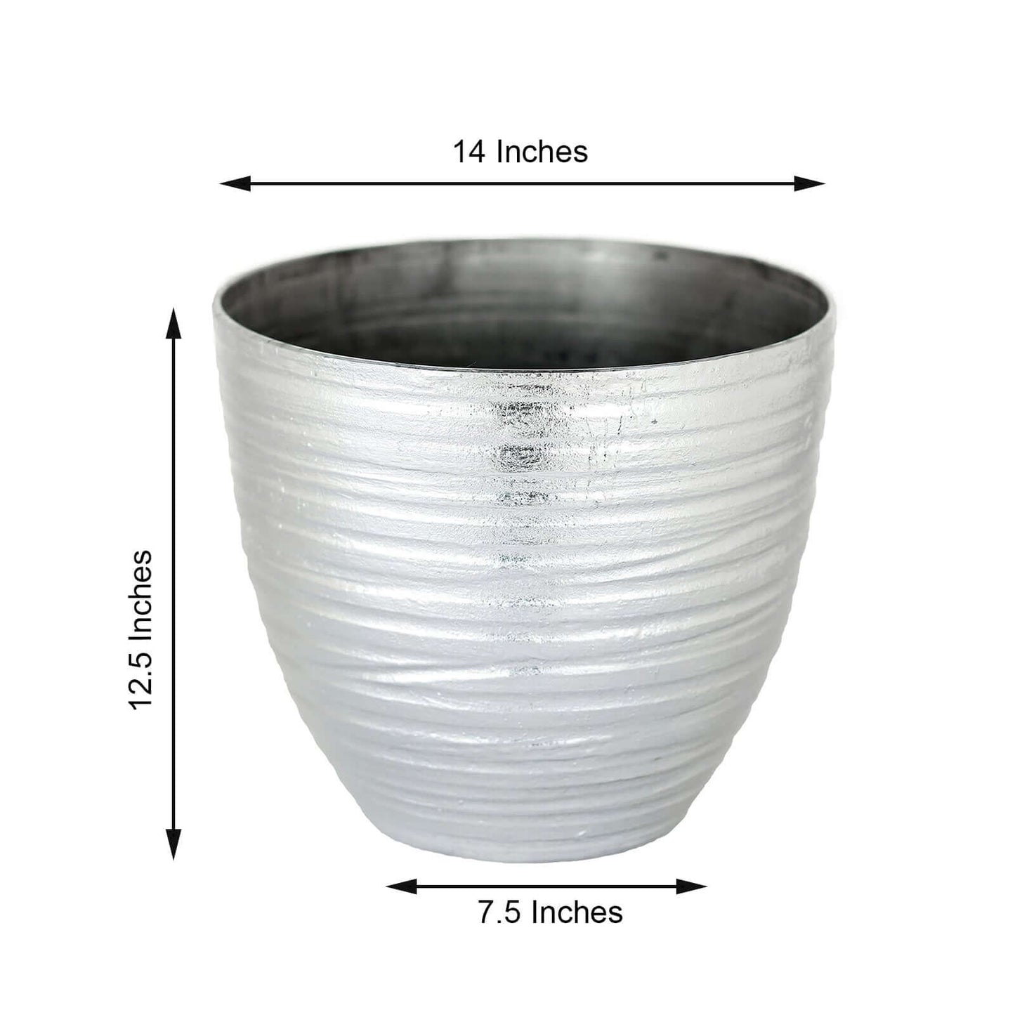 12" Metallic Silver Textured Finish Large Indoor Flower Plant Pot, Decorative Indoor Outdoor Planter