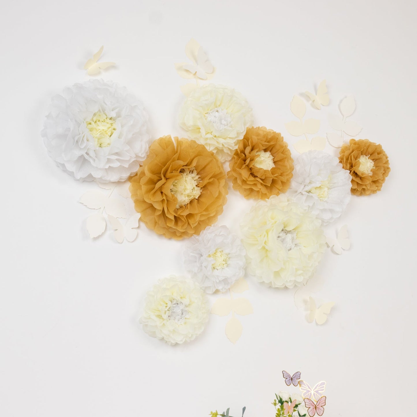Set of 21 Tissue Paper Flowers Pom Poms Decor Kit â€“ White Ivory 3D Chrysanth Floral Wall Decor with Butterflies & Olive Leaves - 8",10",12"
