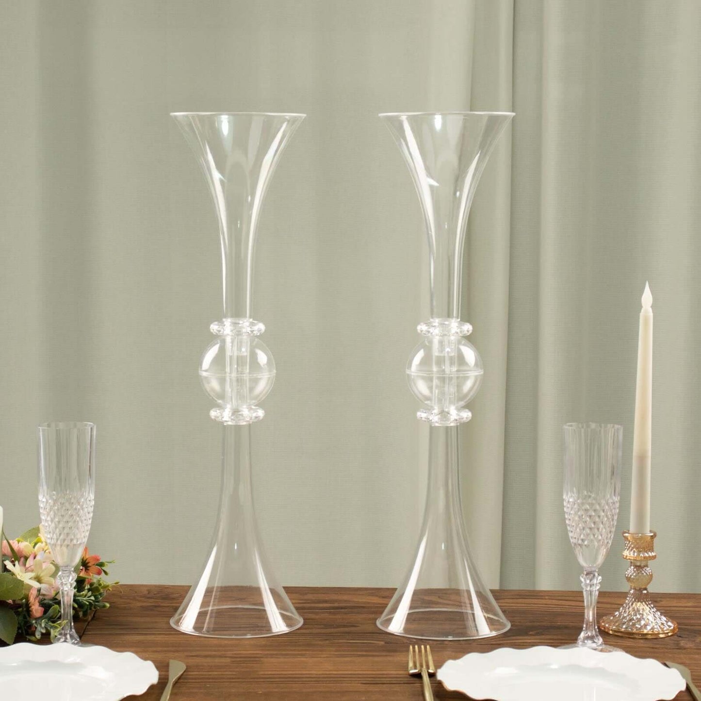 2-Pack Flower Vases Trumpet Design with Crystal Embellishments Clear - Reversible Plastic Table Centerpieces 21"