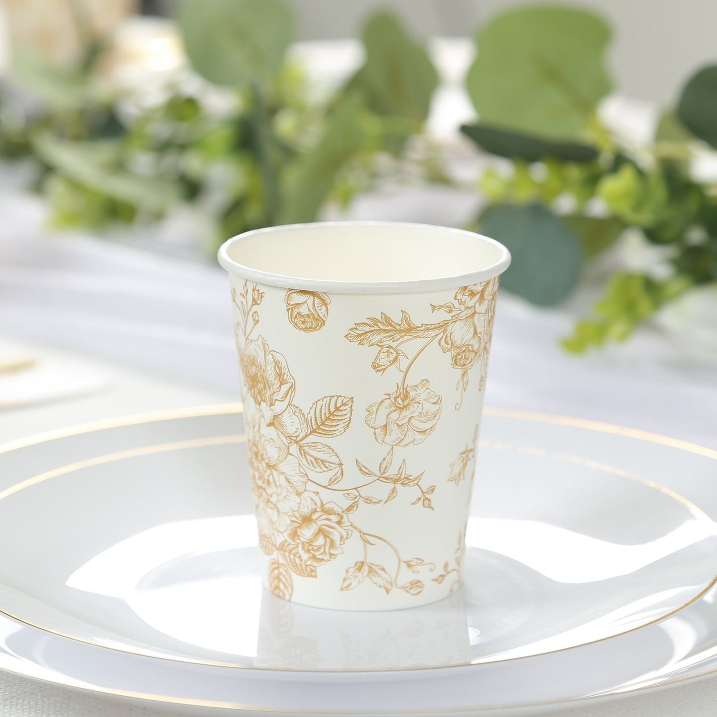 24-Pack Paper Cups in White with Gold French Toile Print - Stylish Disposable Floral Party Cups for Weddings & All Purpose Use 9oz