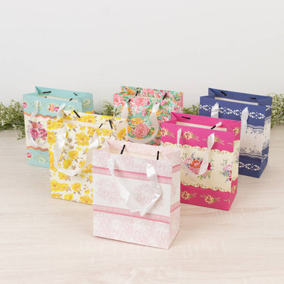 12-Pack Favor Bags Mixed Vintage Floral Tea Party â€“ Paper Gift Bags with Ribbon Handles - Elegant Goodie Bags - 6"x7"x3"