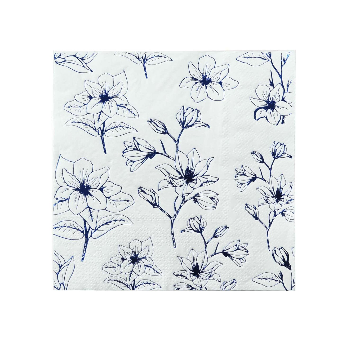 50-Pack Paper Cocktail Napkins with Blue Magnolia Flowers Print White - Highly 2 Ply Absorbent Soft Napkins for Beverages