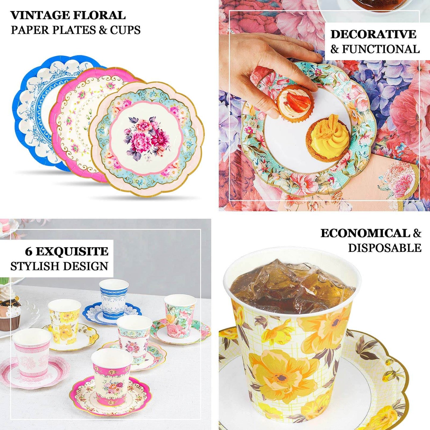 24-Pack Paper Cup and Saucer Set in Mixed Vintage Floral Print - Disposable Tea Party Supplies Kit for Baby Showers & Birthdays