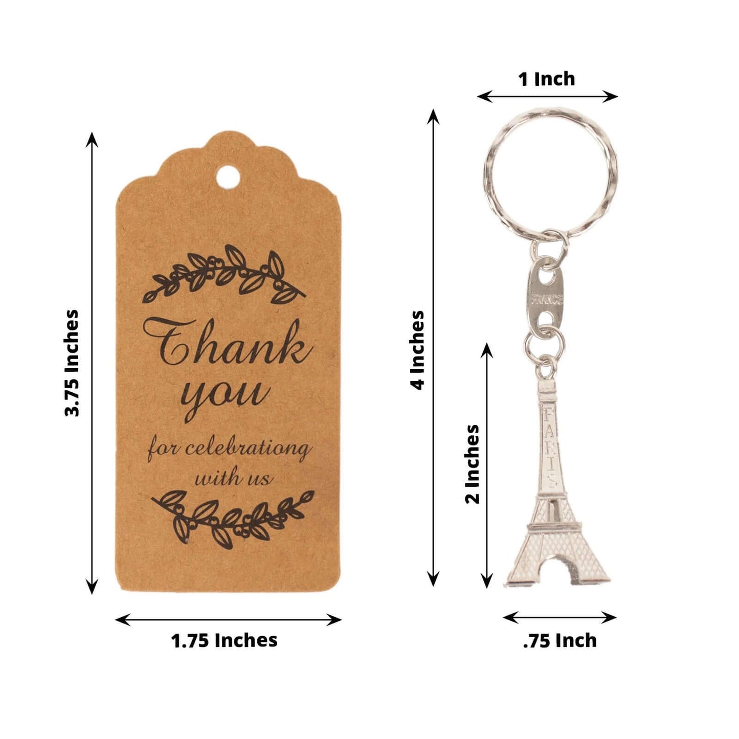 10 Pack Silver Plastic Paris Eiffel Tower Keychain Wedding Favors, 4" Bridal Shower Party Souvenirs With Thank You Tag