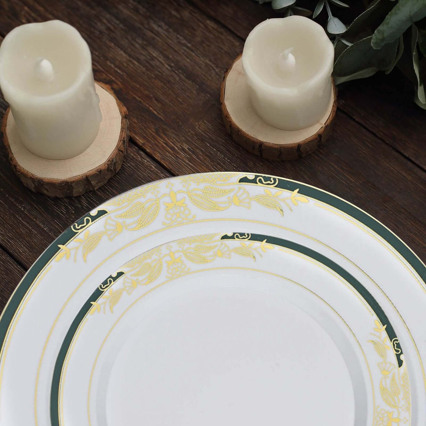10-Pack Plastic 8" Round Dessert Plates in White with Hunter Emerald Green Rim - Stylish Gold Vine Design Disposable Salad/Appetizer Plates for Special Occasions & Celebrations