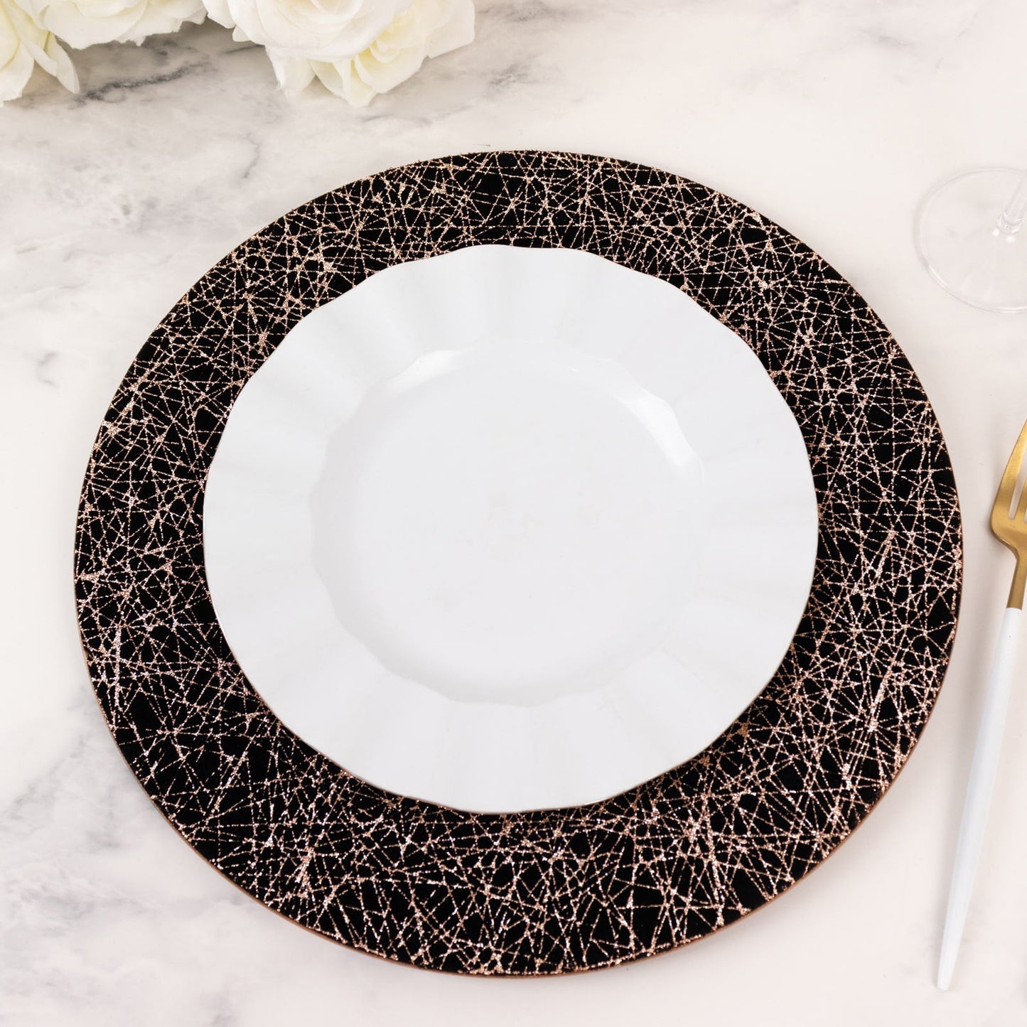 6-Pack Acrylic Round Charger Plates 13" in Black with Gold Glitter Abstract Lines Pattern, Decorative Dinner Party Charger Tableware