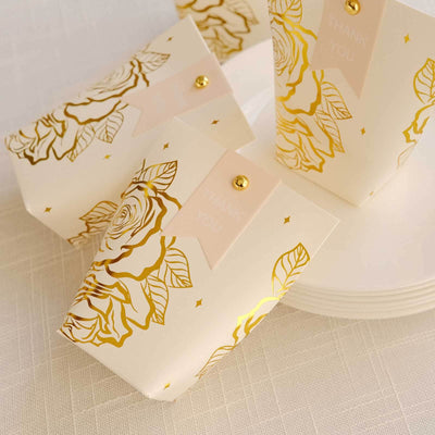 25 Pack White Paper Pouch Candy Gift Bags With Gold Rose Flower Print, Party Favor Boxes with Pin and Tags - 4.5"x4"
