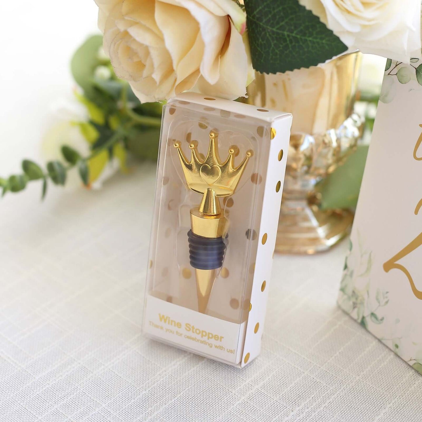 4" Gold Metal Princess Crown Wine Bottle Stopper Party Favor with Clear Gift Box, Thank You Tag and Ribbon