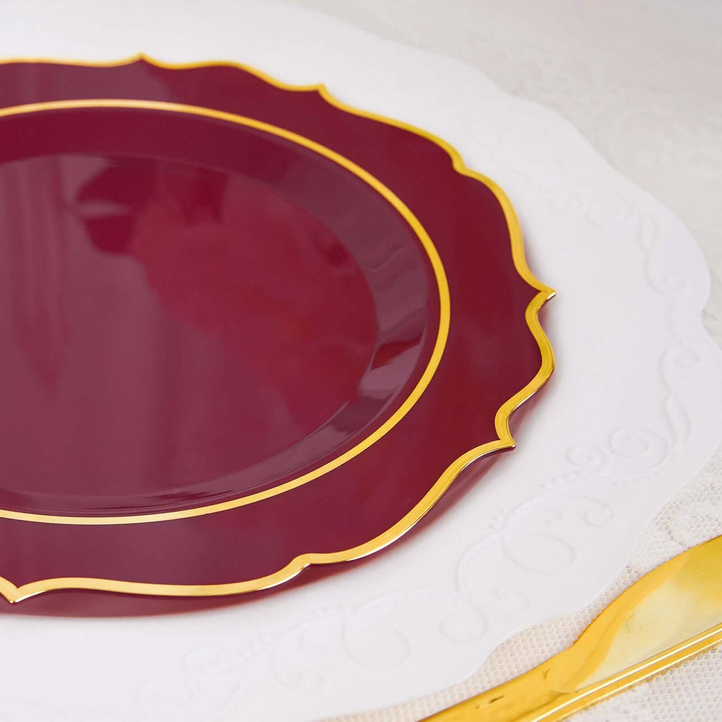 10-Pack Plastic 8" Round Dessert Plates in Burgundy with Gold Scalloped Rim - Disposable Appetizer/Salad Plates