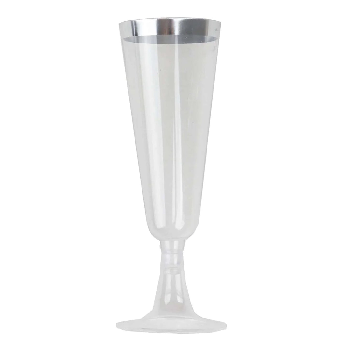 12-Pack Plastic Champagne Flutes Clear with Silver Rim - Stylish Disposable Cocktail Glasses for Parties 5oz 6"