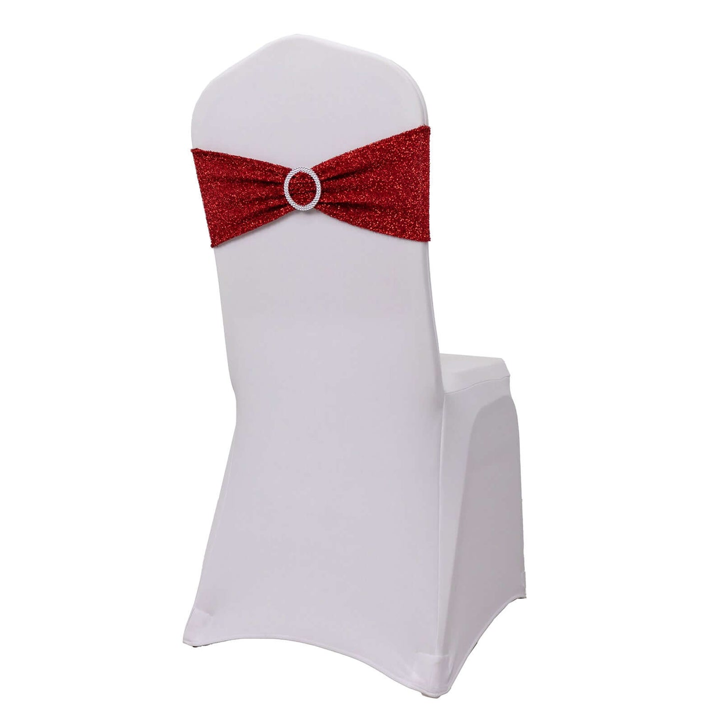 5 Pack Chair Sashes Shimmer Tinsel Spandex 5"x12" with Silver Rhinestone Buckles Red - Stylish Chair Bands