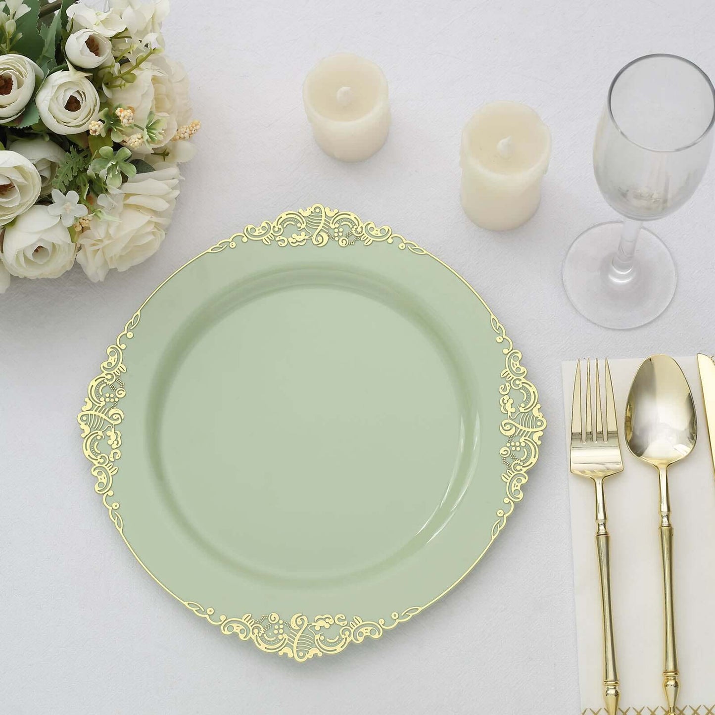 10-Pack Plastic 10" Round Dinner Plates in Sage Green with Gold Leaf Embossed Rim - Disposable Vintage Baroque Style Plates