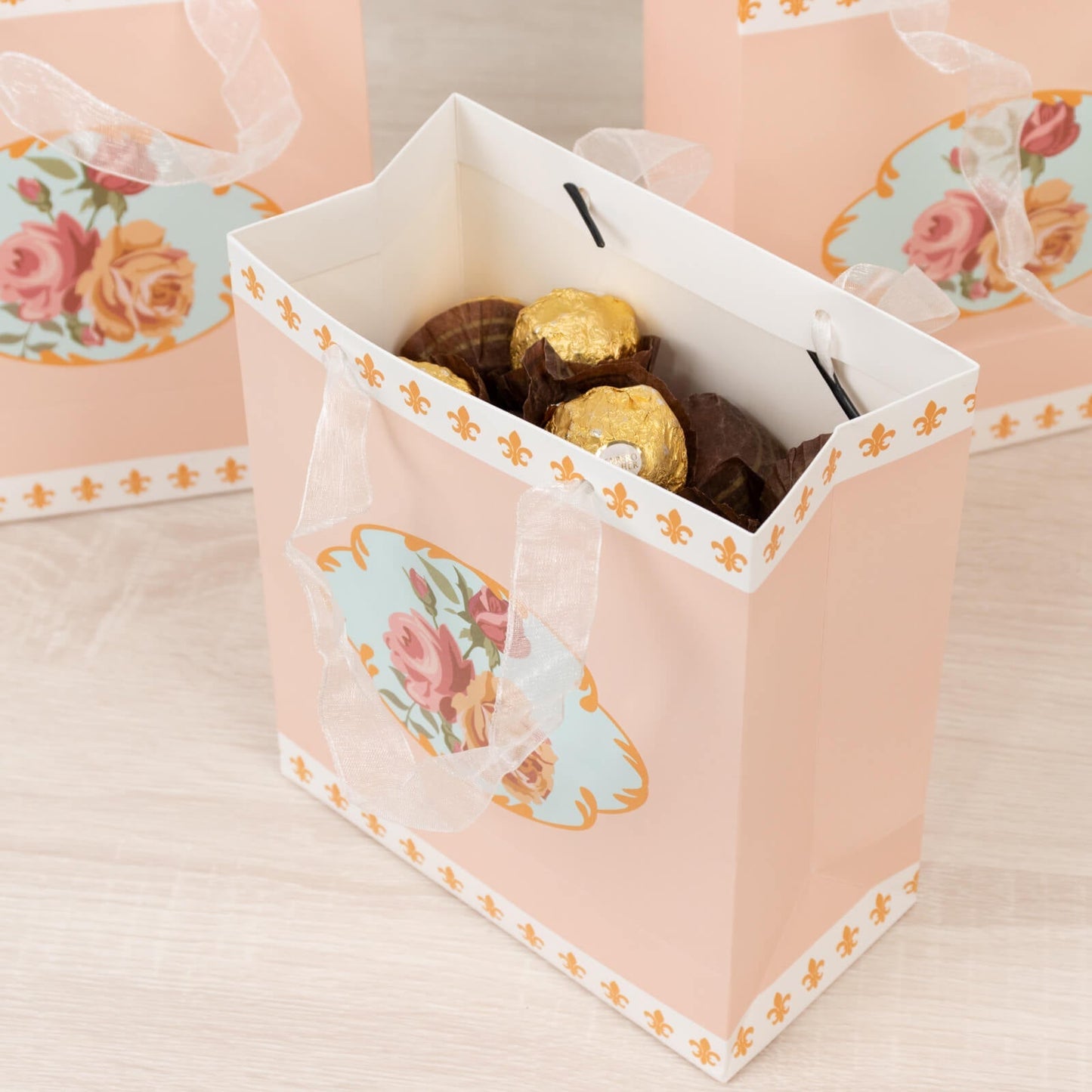 12-Pack Favor Bags Vintage Rose Floral Tea Party, Dusty Rose Paper Goodie Gift Bags with Ribbon Handles, 6"x7"x3"