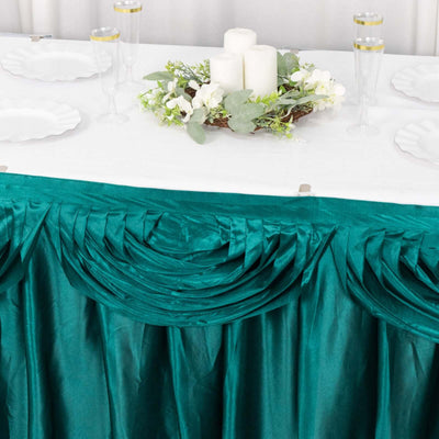 Satin 14ft Table Skirt Peacock Teal - Pleated Double Drape Table Cover