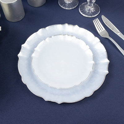 10-Pack Plastic 7" Round Dessert Appetizer Plates in Pearl White Sunflower with Silver Scalloped Rim - Disposable Salad Plates for Classy Events & Banquets