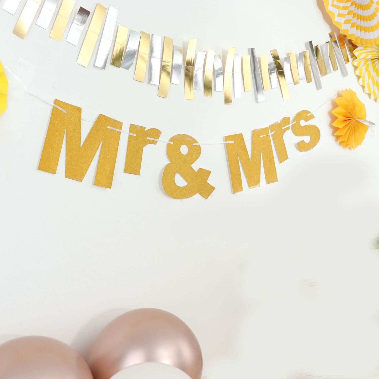 3ft Gold Glittered Mr and Mrs Paper Hanging Wedding Anniversary Banner, Party Garland Banner