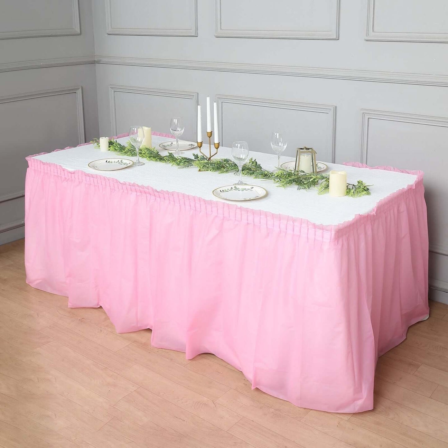 5 Pack Plastic Table Skirts Pink Ruffled - Durable Disposable Skirts for Events 14ft