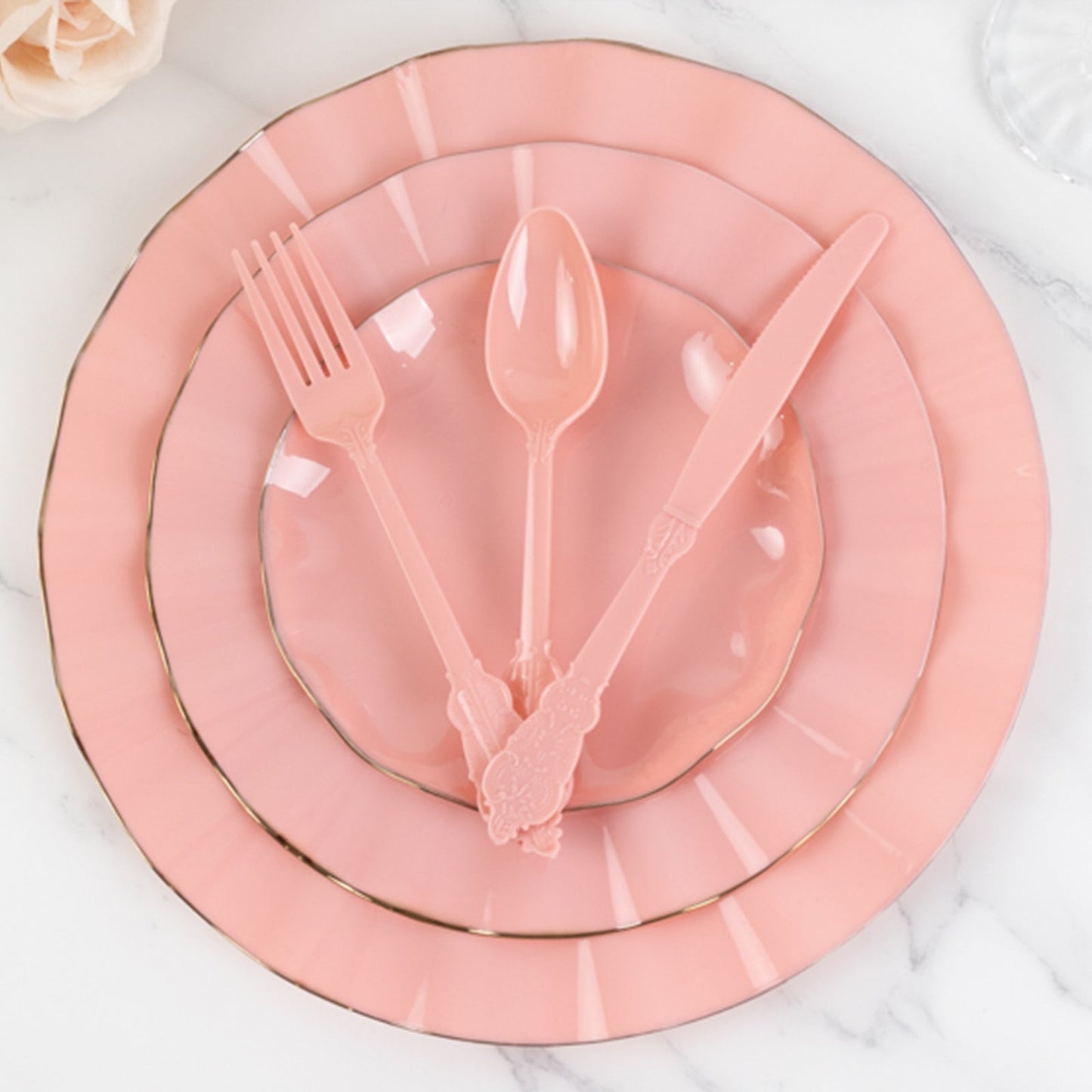 72 Pcs Plastic Silverware Set in Baroque Style Dusty Rose - Heavy Duty Disposable Knife, Fork, and Spoon Set