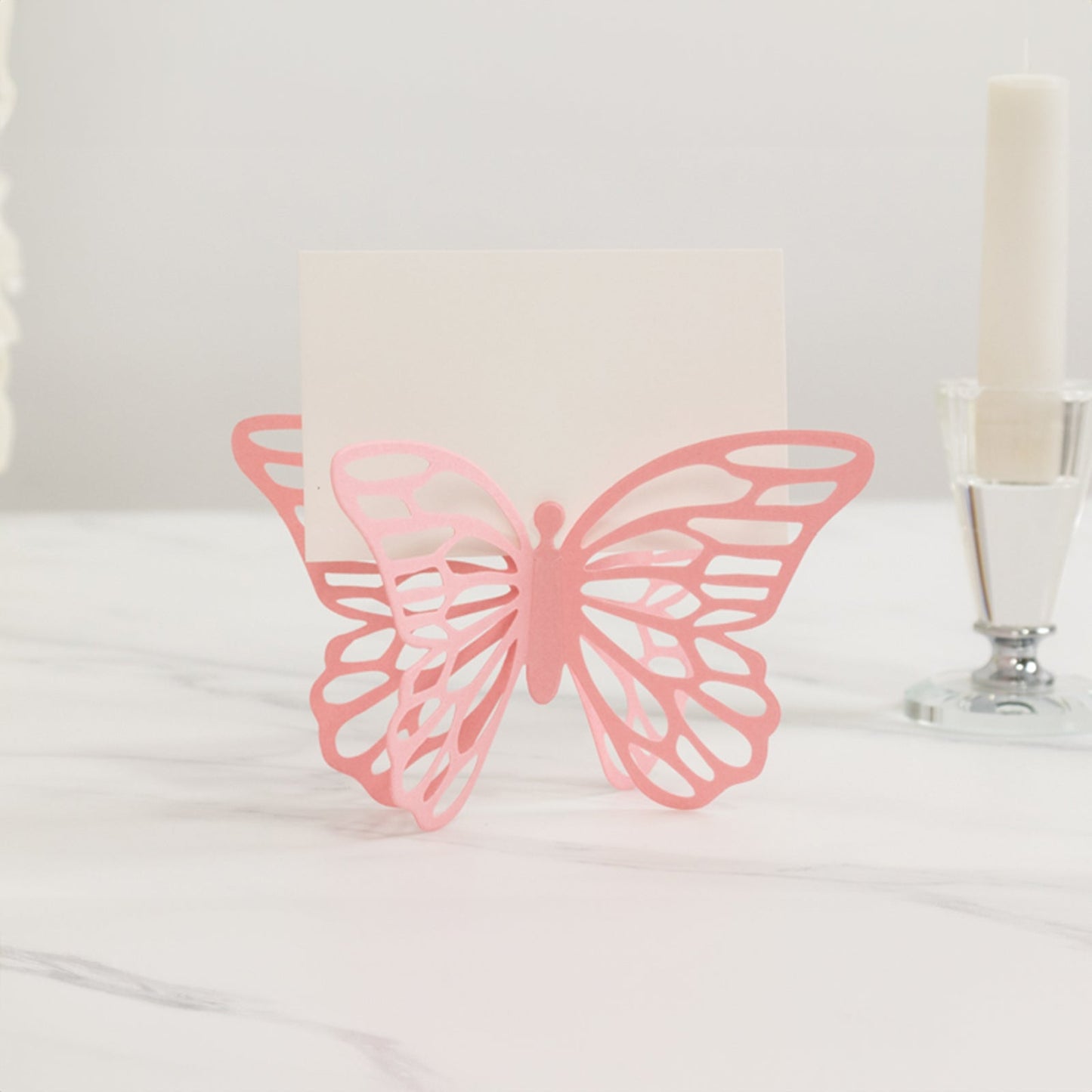 25-Pack Paper Butterfly Place Card Holders Pink with White Printable Cards - 3D Free Standing Table Number Stands 3"x5"