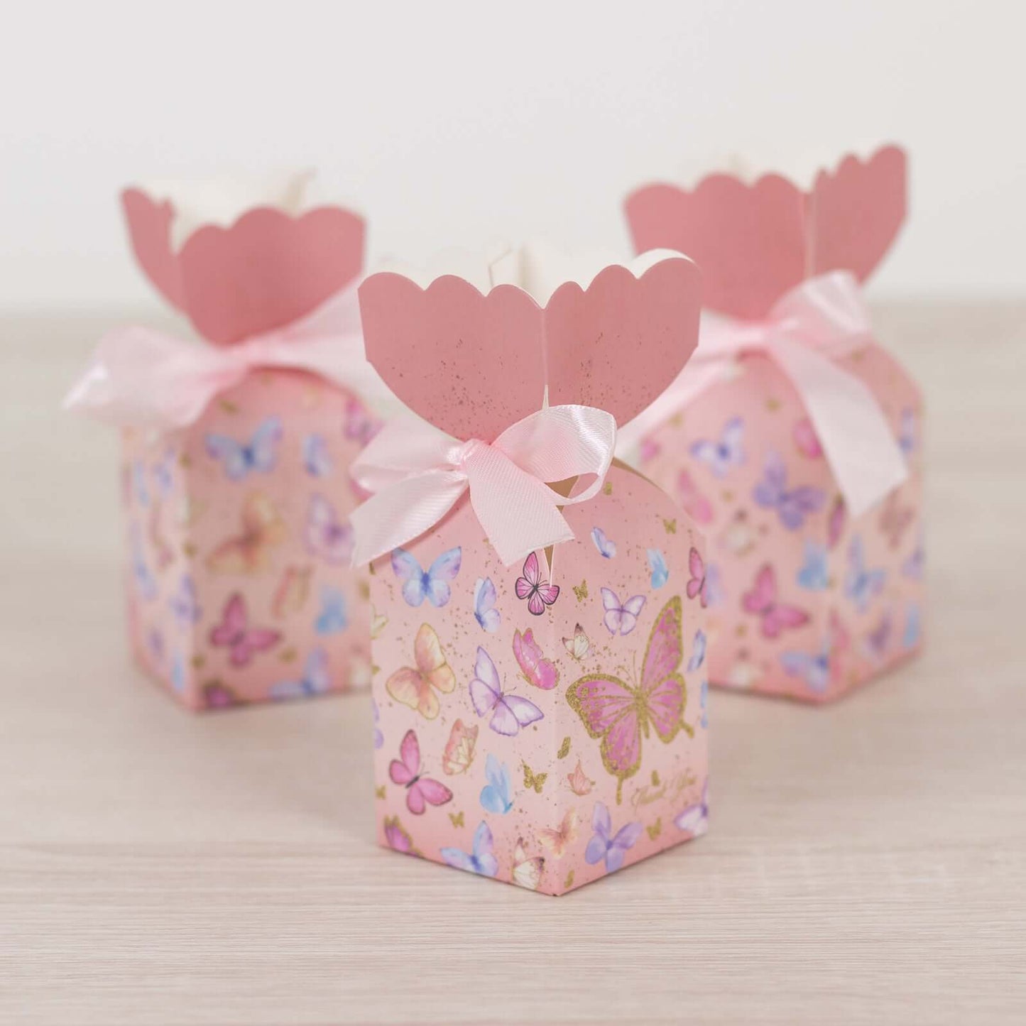 25 Pack Pink Floral Top Candy Gift Boxes With Butterfly Print, Cardstock Paper Party Favor Boxes With Satin Ribbons - 2"x5"