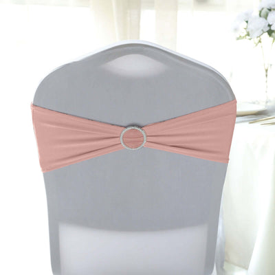 5 Pack Stretch Spandex Chair Sashes Dusty Rose - Reusable Chair Bands with Silver Diamond Ring Slide Buckle 5"x14"