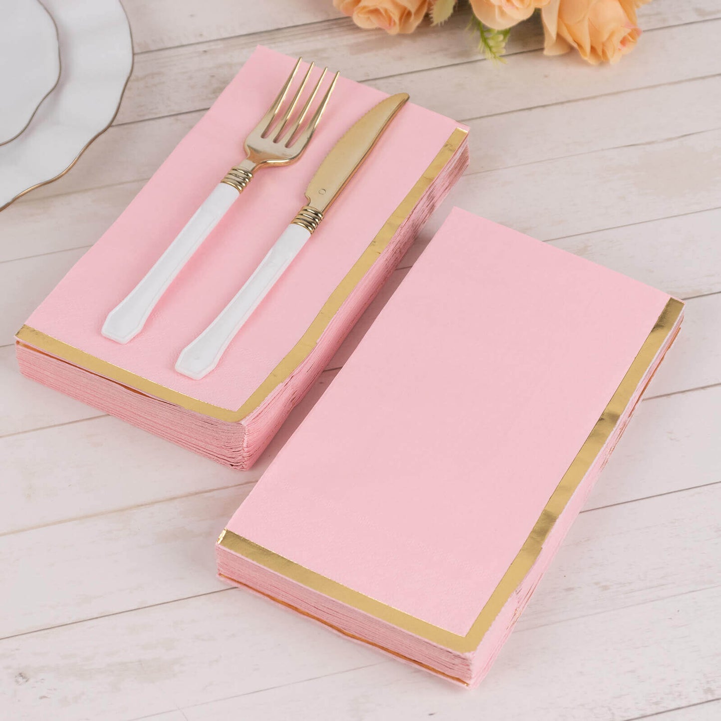 50-Pack Paper Dinner Napkins Pink with Gold Foil Edge 2 Ply - Stylish Disposable Napkins
