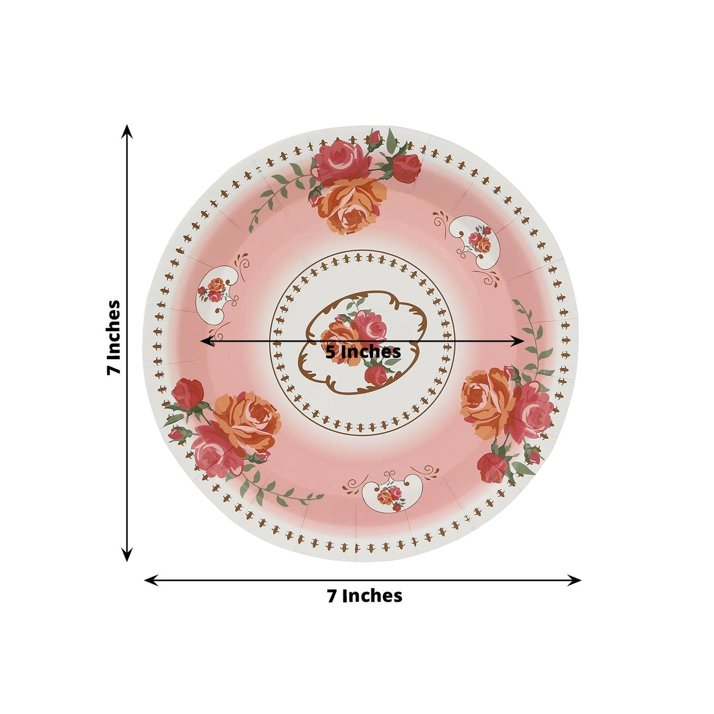 25-Pack Paper 7" Round Dessert Plates in Dusty Rose with Vintage Rose Flower Print - Disposable Appetizer Salad Plates