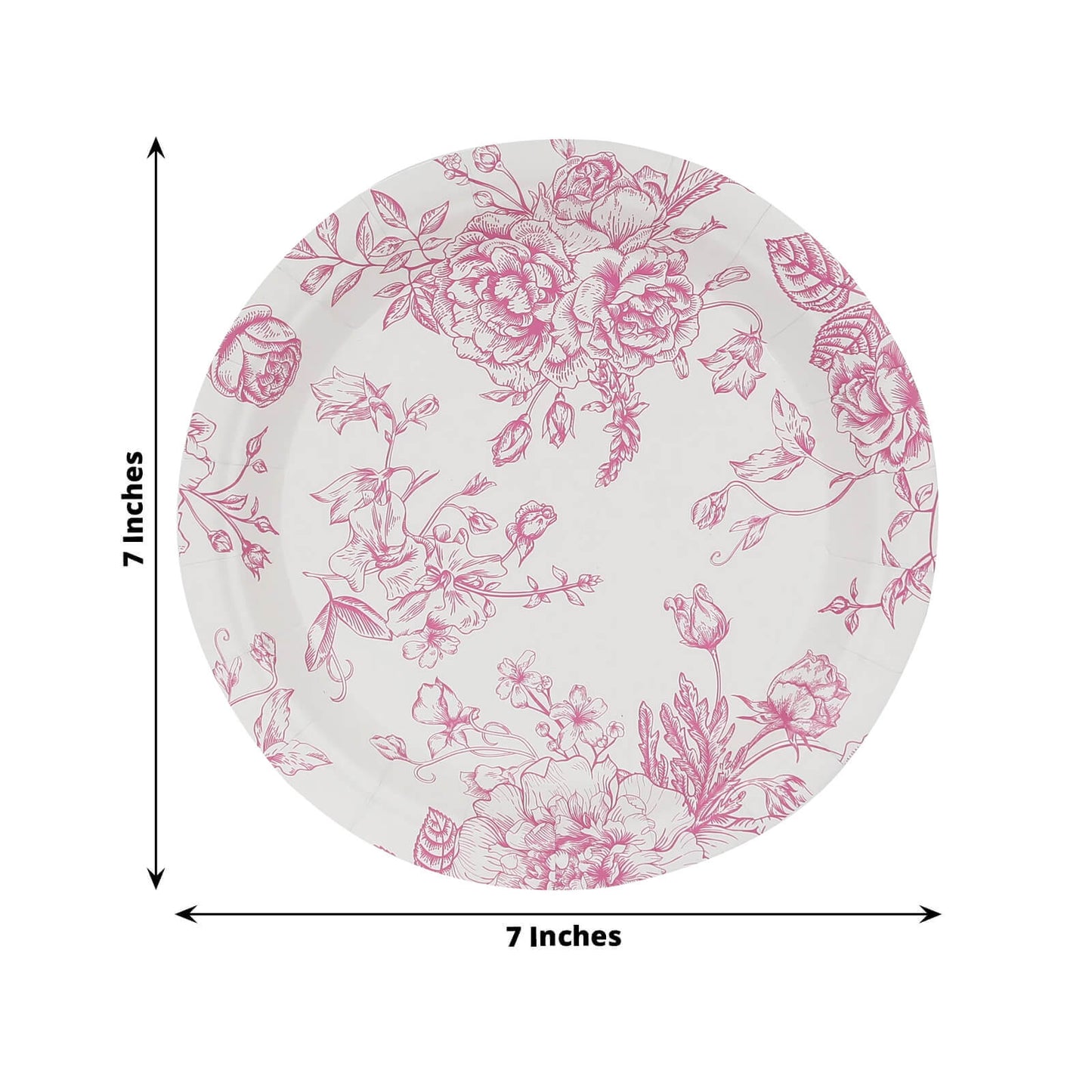 25-Pack Paper 7" Round Dessert Plates in White with Matte Pink French Toile Pattern - Disposable Floral Salad Appetizer Plates