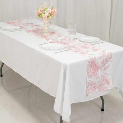 Polyester Table Runner 12"x108" White with Pink French Toile Floral Print Reusable Table DÃ©cor