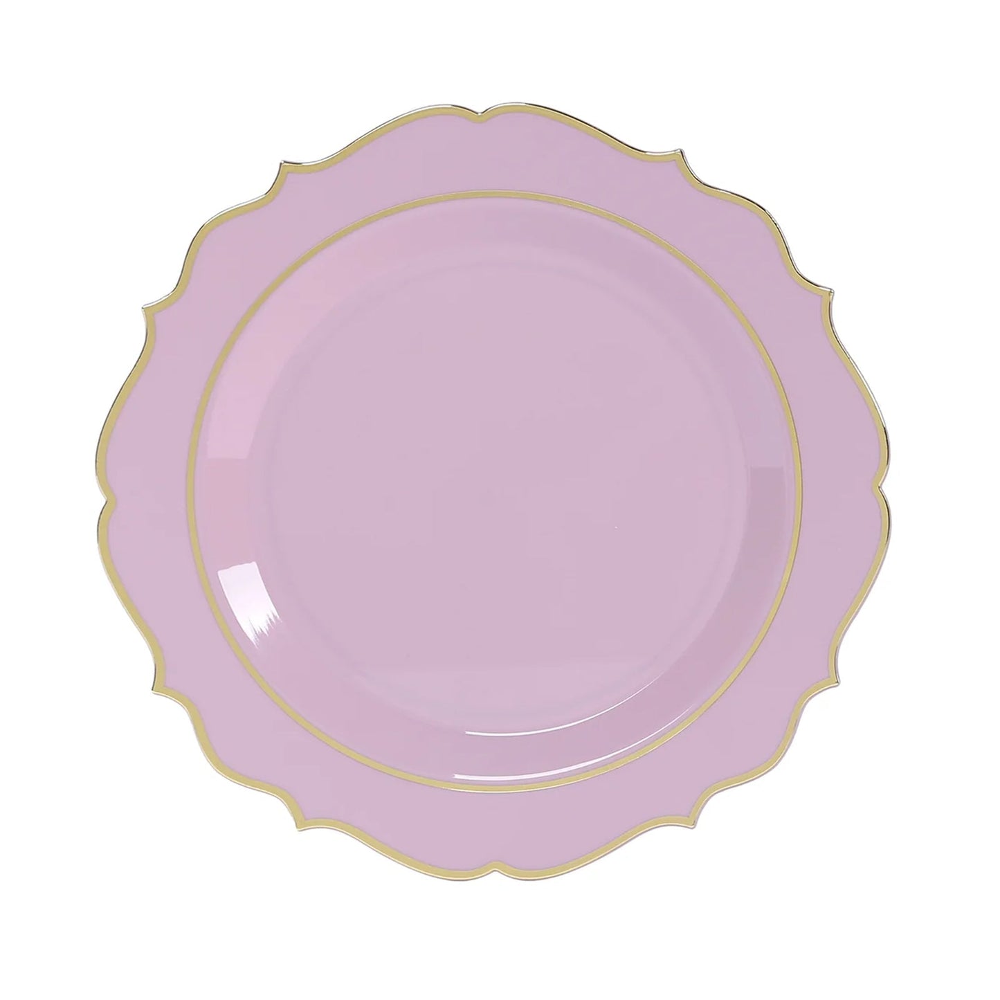 10-Pack Plastic 8" Round Dessert Plates in Lavender Lilac with Gold Scalloped Rim - Disposable Appetizer/Salad Plates