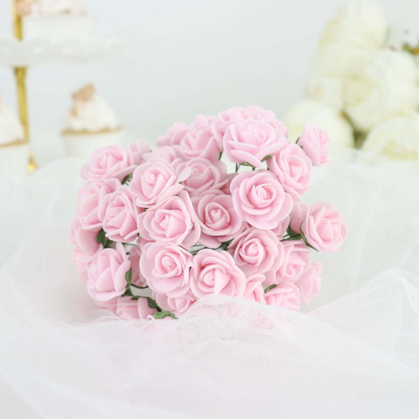 48 Roses 1" Pink Real Touch Artificial DIY Foam Rose Flowers With Stem, Craft Rose Buds