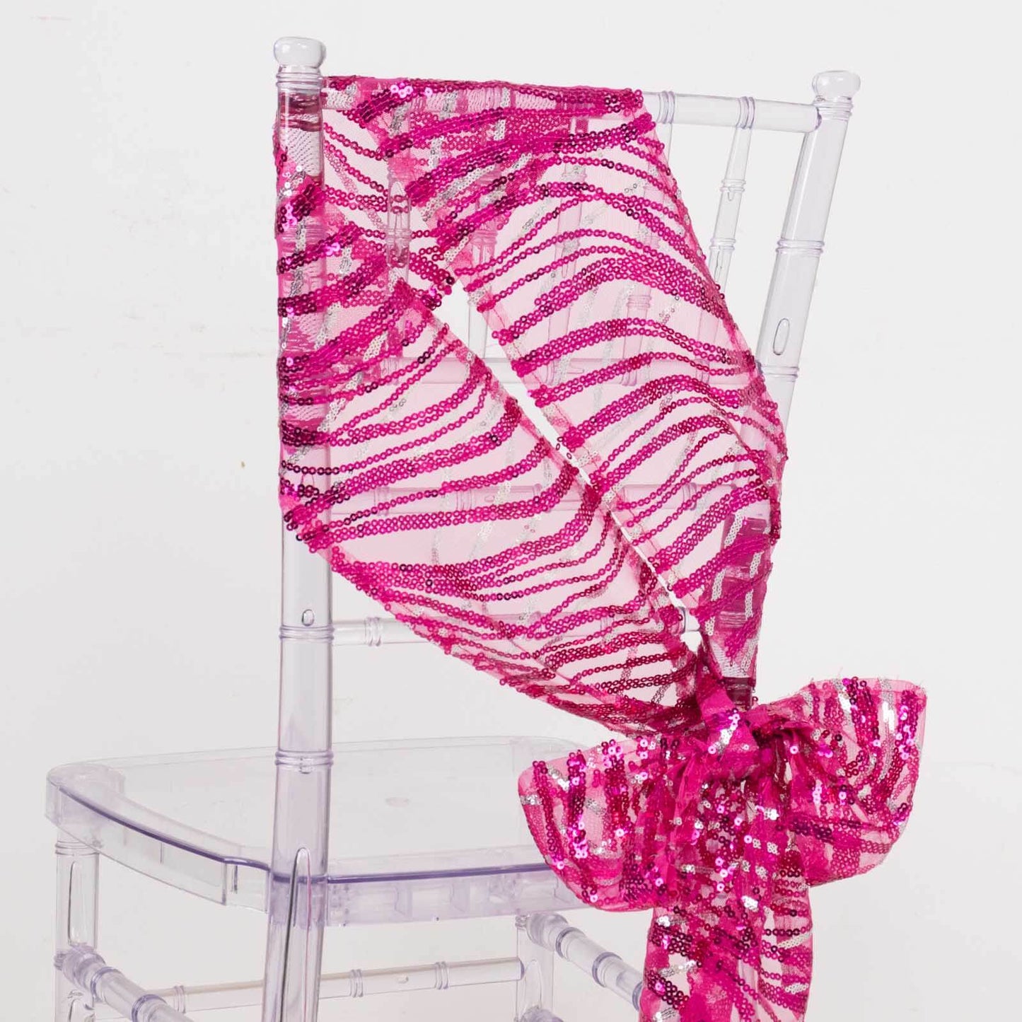 5 Pack Chair Sashes with Wave Embroidered Sequins Fuchsia/Silver 6"x88"